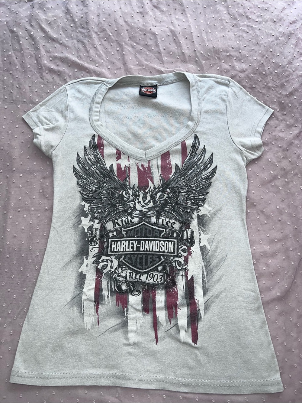Y2K Harley-Davidson V-Neck Tee with Black Winged Crest and Burgundy Stripes
